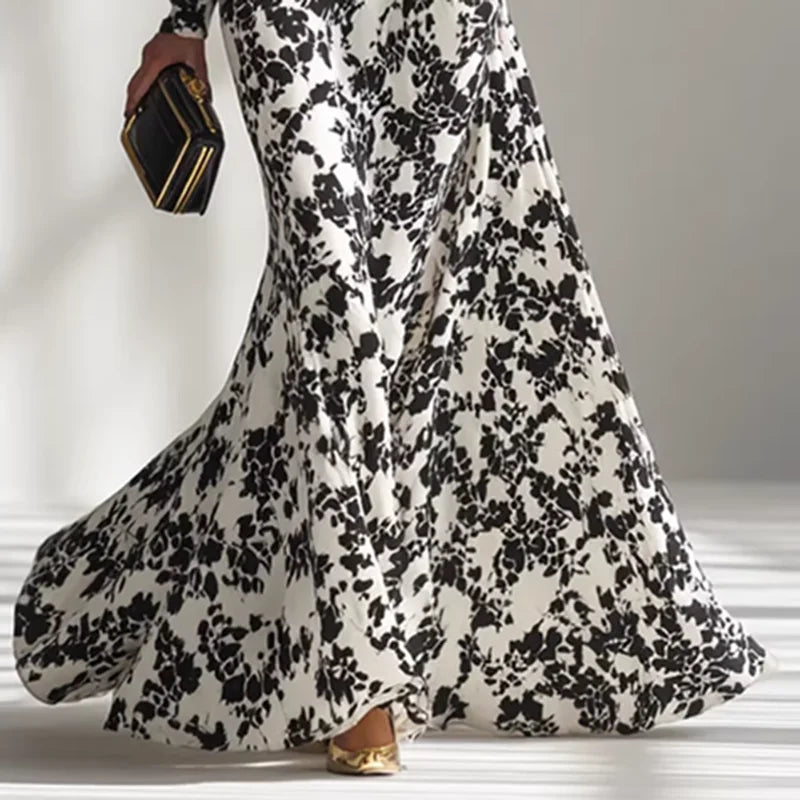 Sexy O Neck Floral Print Long Maxi Dress Woman 2026 Spring High Waist Slim Draped Party Dress Fall Long Sleeve A-Line Boho Dress
