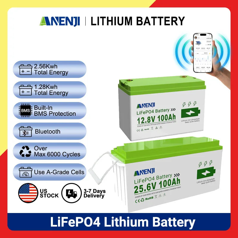 ANENJI 12.8V/25.6V 100AH LiFePO4 Lithium Battery Max.1280Wh 2560Wh Energy, Low Temperature Protection 24V 100AH Battery