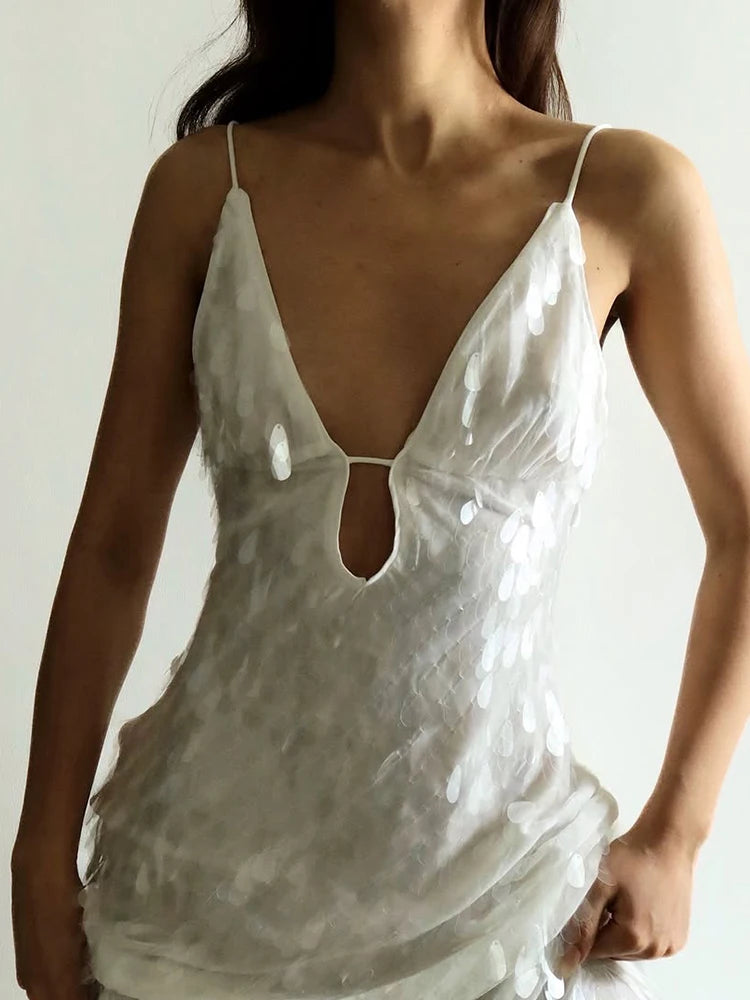 Women Sequin Sling Maxi Dress V-neck Solid Backless High Waist Sleeveless Dresses 2025 Fashion New Summer Lady Party Robes