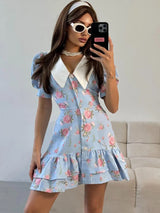 Tossy Printed Lapel Fashion Mini Dress Women's Short Sleeve Patchwork Contrast Elegant Summer Dress 2025 Female Bodycon Dress