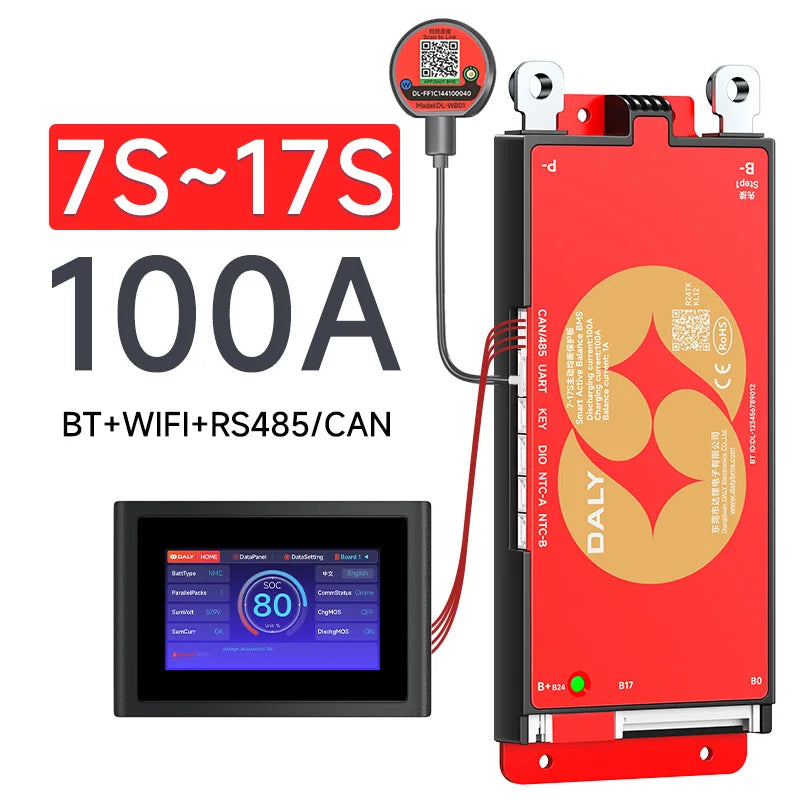 Daly Smart BMS 4S 7S 8S 24S 16S 17S 4S 40A 60A 100A 150A 1A Active Balance BMS for lifepo4 with wifi 4.3 LCD Built-in bt Li-Ion