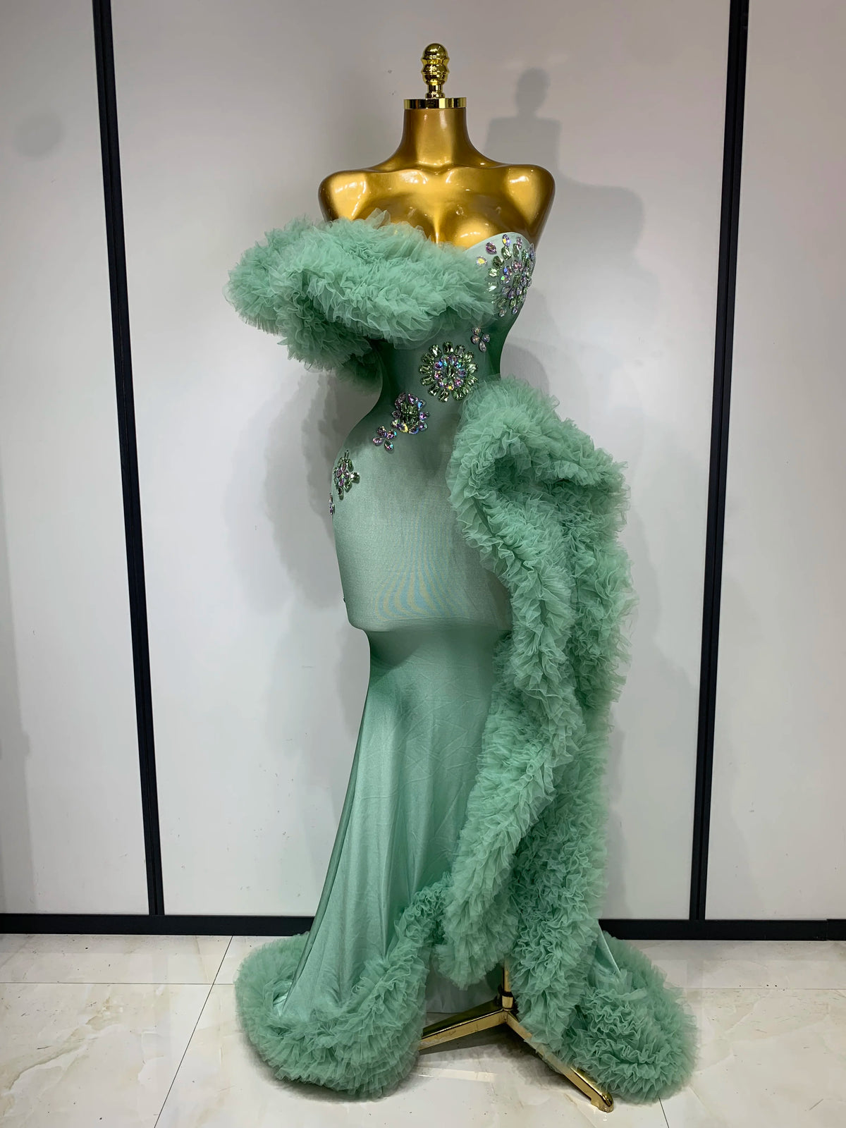 Women Luxury Sparkly Rhinestones Puff Mesh Strapless Maxi Long Spandex Dress Runway Wedding Birthday Photo Shoot Dresses