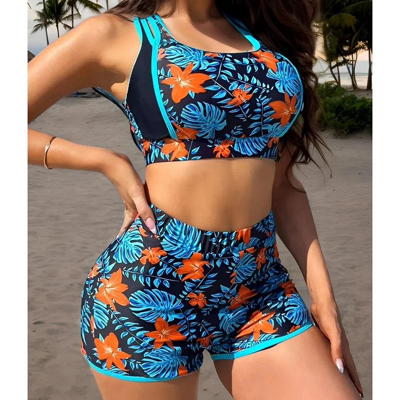 Sporty Bikini Swimsuit Women Fashion Floral Printed Split High Waist Swimwear Summer 2025 New Casual Lady Bathing Suit Beachwear