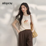MISHOW Casual Fashion Cat Printed Beading T-Shirt For Women 2026 Summer Cute Design Round Neck Short Sleeve Top MXF24T1615