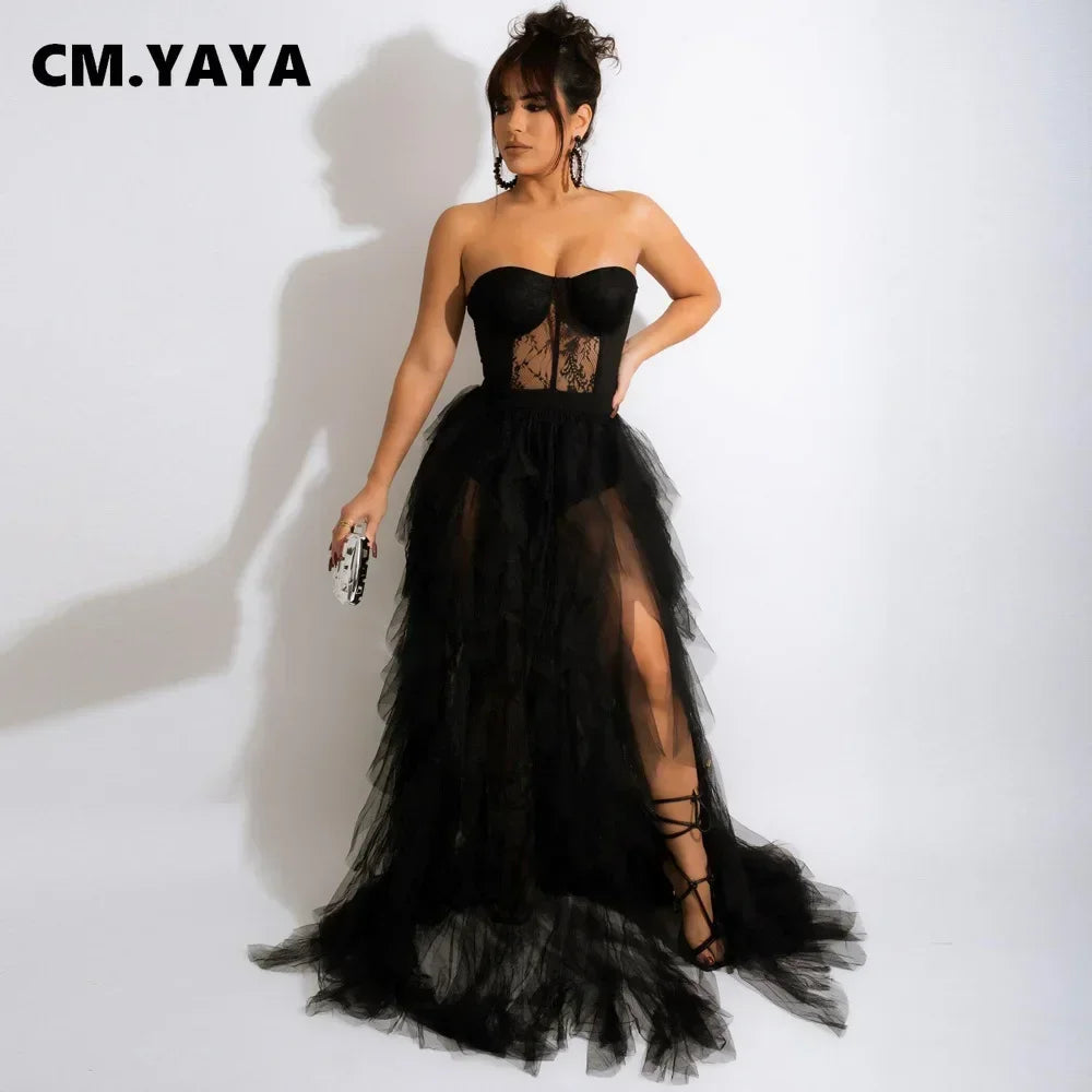 CM.YAYA Women Mesh See Though Lace Patchwork Cascading Ruffles High Side Split Bodycon Maxi Dress Sexy Night Party Long Dresses