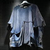 DEAT 2026 Summer Distressed Washed Deconstructed T-shirt With Patchwork Design Asymmetrical Hem Loose Short-sleeved Top 11B467