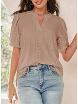 Womens Summer Casual V-Neck Short Sleeve Hollow Out Top