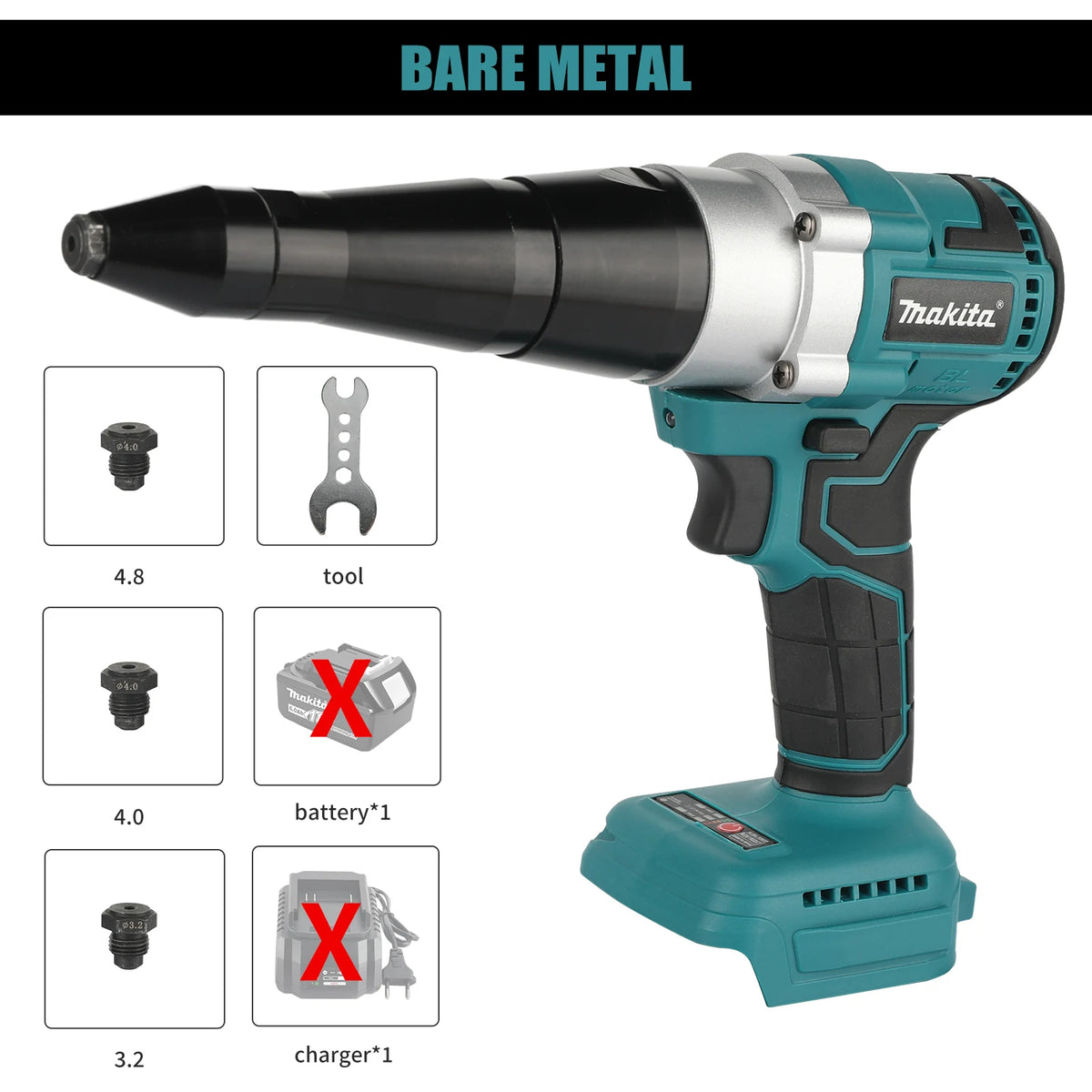 Makita 18V Electric Rivet Gun 3.2-4.8mm Tool Free Nozzle Replacement Low Vibration Heavy Duty Industrial Riveting tools