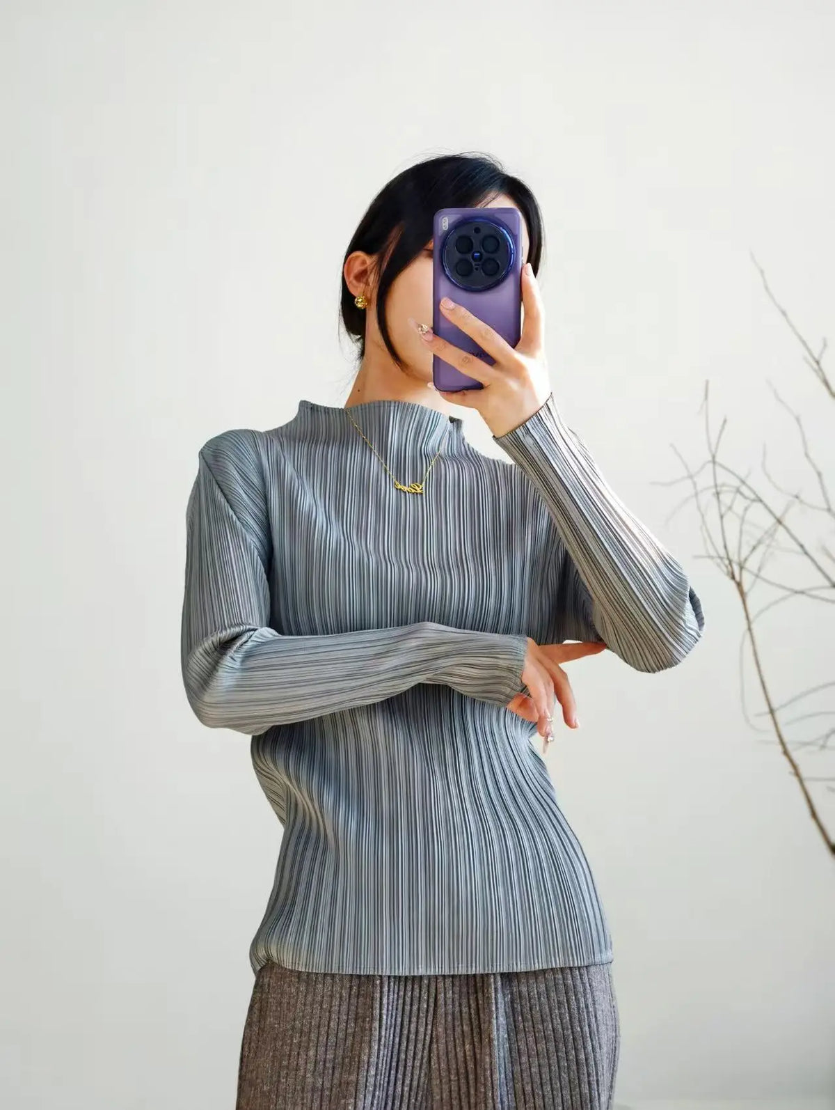 Miyake Pleated Turtle Neck Long Sleeve Top Stylish Black Lightweight Wrinkle Resistant Women's Casual Simple Fashion Shirt