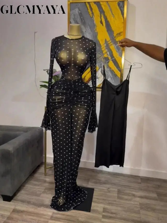 CM.YAYA Women Long Sleeve Stacked Mesh with Lining Bodycon Cocktail Long Dress 2025 Autumn Evening Birthday Sexy Party Dresses