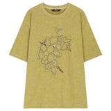 ELFSACK Vintage Washed Grape Print T-Shirt Women Summer Loose Mid-Length Casual Top Design Graphic Tee