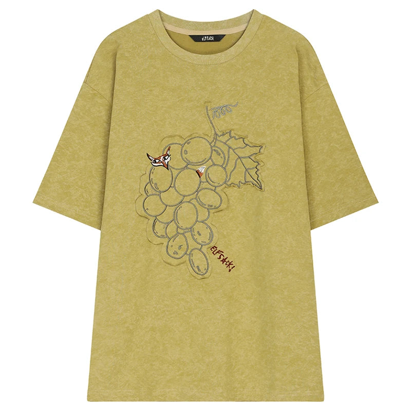 ELFSACK Vintage Washed Grape Print T-Shirt Women Summer Loose Mid-Length Casual Top Design Graphic Tee