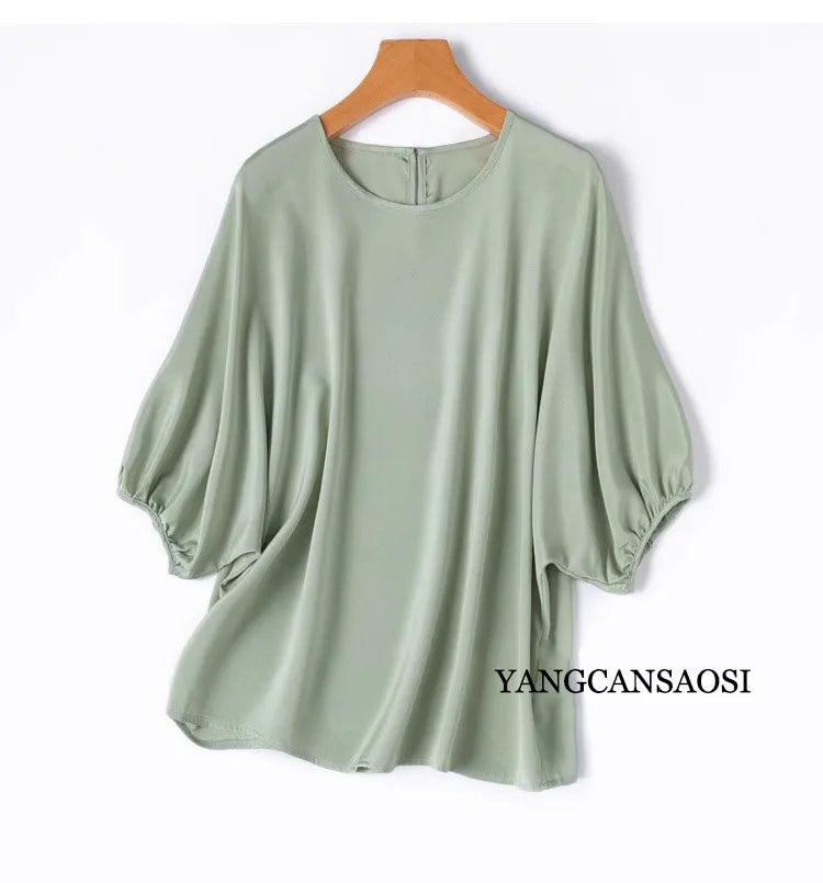 26MM Heavy Weight 93% Natural Mulberry Silk Elastic Wrinkled Round Neck Batwing Half Sleeve Women's Casual Solid Color T-shirt