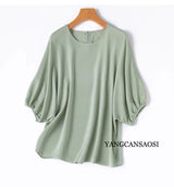 26MM Heavy Weight 93% Natural Mulberry Silk Elastic Wrinkled Round Neck Batwing Half Sleeve Women's Casual Solid Color T-shirt