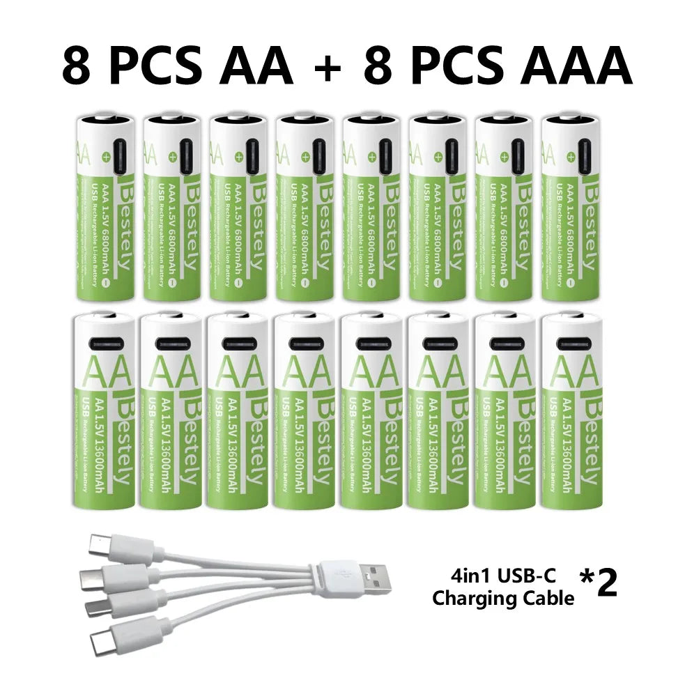 1.5V AA/AAA Li-ion Batteries 13600+6800mAh Ultra-Fast Charge 2000+ Cycles W/ Free USB-C Cable for Toys, Remote Controls, Cameras