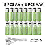 1.5V AA/AAA Li-ion Batteries 13600+6800mAh Ultra-Fast Charge 2000+ Cycles W/ Free USB-C Cable for Toys, Remote Controls, Cameras