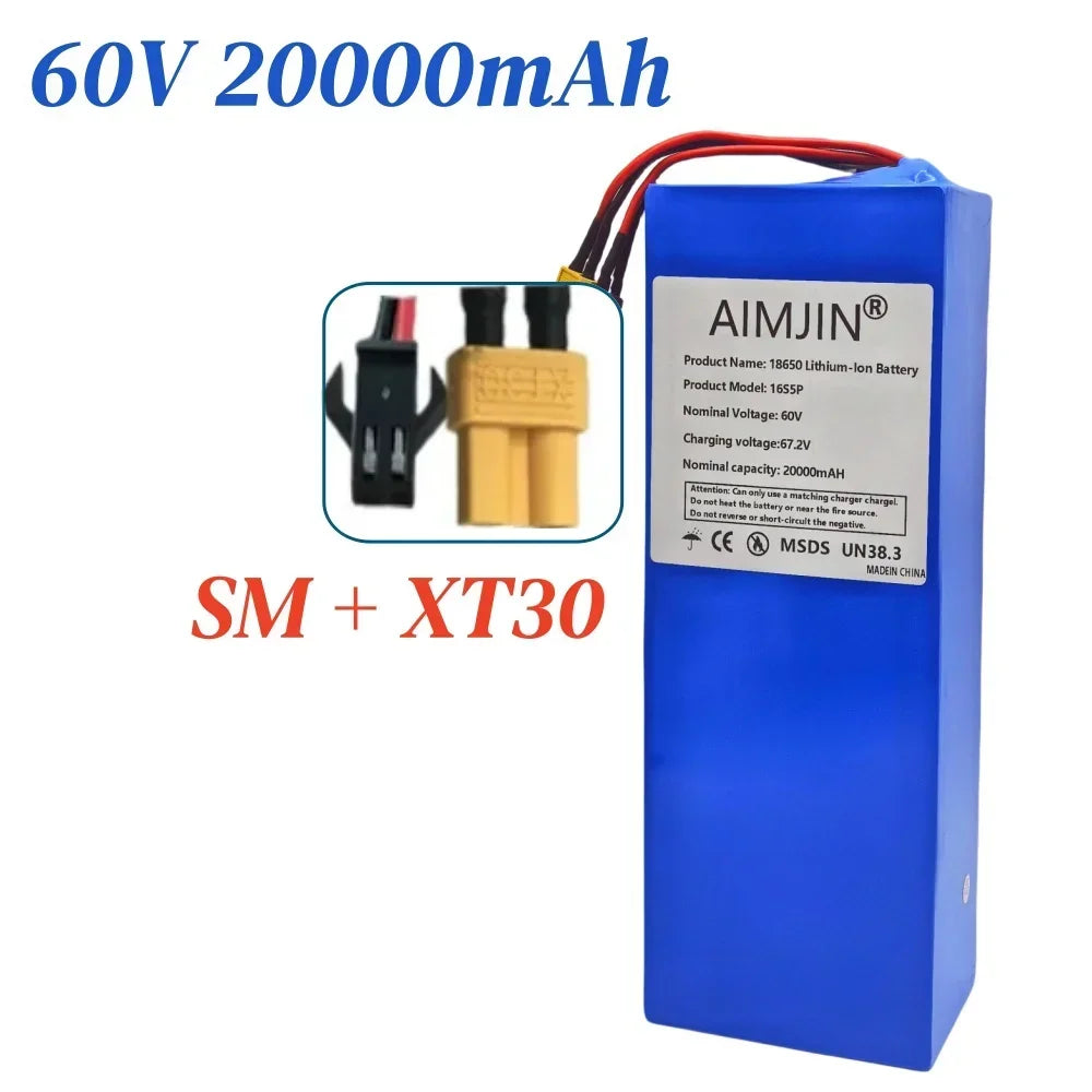 16S5P 60V 20Ah lithium battery pack 2000W high-power with built-in BMS for Motorcycle, scooter, Bicycle MotorReplace battery