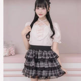 Japanese Sweet Cute Embroidered Lace Heart Bow Lace-up Halter Neck Collar Puff Sleeve Versatile Casual T-shirt Top Women Summer