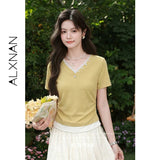 ALXNAN Women's T-shirt V-neck Lace Trim Fake Two Piece Short Sleeve Tees 2026 Summer Elegant Fashion Casual Top Ladies L65706-2