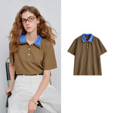 TOYOUTH Women Piqué Cotton Tees 2026 Spring New Double Collar Niche Design Loose Polo Tops
