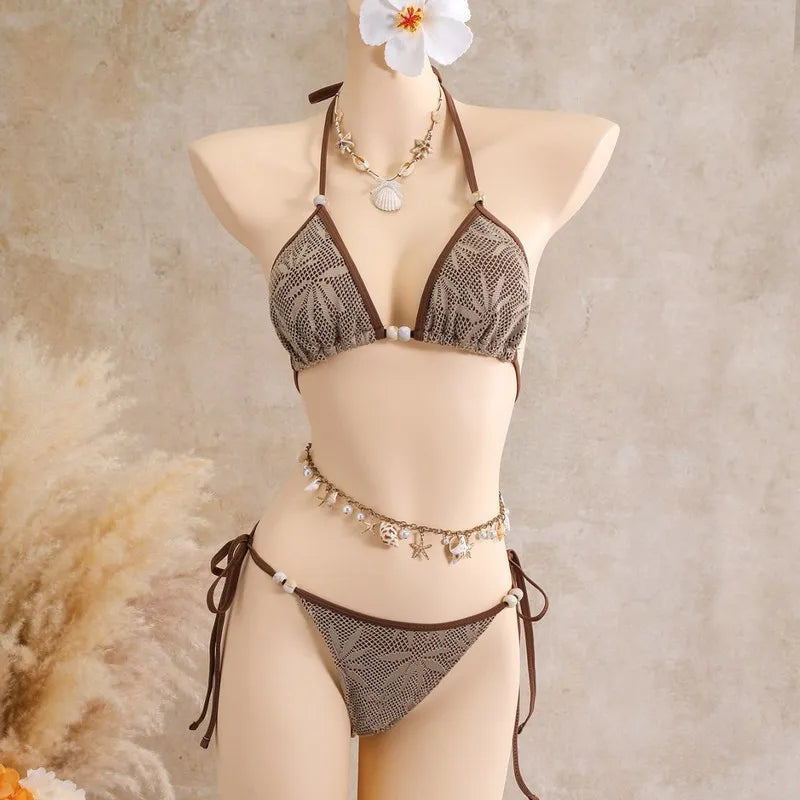 women sexy split lace bikini three piece set with long skirt triangle hollow out small chest push up beach vacation swimwear