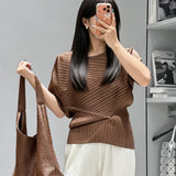Pleated Top 2026 New Round Neck Short Sleeve Batwing T-Shirt Women Summer Lightweight Vacation Travel Women's Clothing