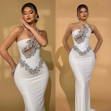 White Sexy One-Shoulder, Off-The-Shoulder, Rhinestone, Backless,One-Shoulder Tight, Hip-Hugging Bandage Dress