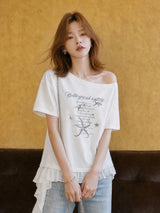 XIAOGULI Women's Off Shoulder T-shirt 2026 Autumn Starfish Print Korean Style Cotton Loose Fit Irregular Chiffon Ruffle Hem Top