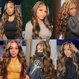 180% 200% Density Remy Human Hair Body Wave Wigs P4/27 Highlight Colored 13x4 13x6 HD Transpatent Lace Frontal Wig 18-46 Inch Pre Plucked Hair For Women