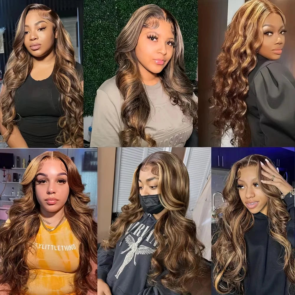 180% 200% Density Remy Human Hair Body Wave Wigs P4/27 Highlight Colored 13x4 13x6 HD Transpatent Lace Frontal Wig 18-46 Inch Pre Plucked Hair For Women