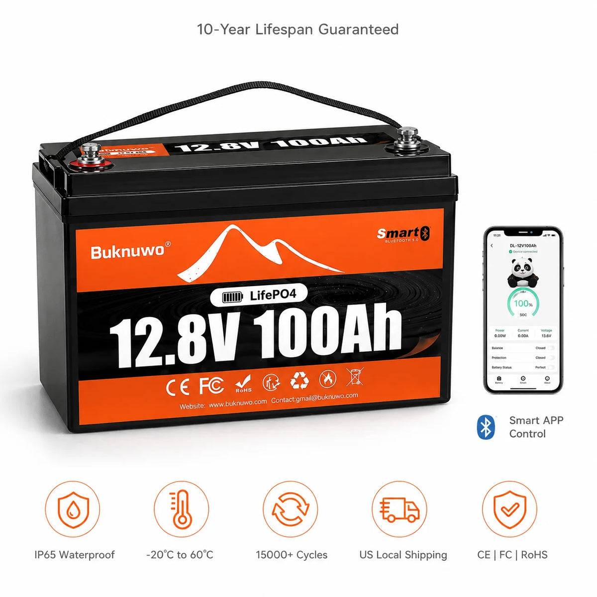 BUKNUWO 12V 100Ah Bluetooth LiFePO4 Lithium Battery, Smart 1280Wh Grade A Cells Battery For RV Boat Solar System
