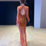 Lace Mock Neck Maxi Dress Women Sheer Lace Overlay Satin Lining Long Sleeve Mermaid Hem Vestidos Elegant Formal Ladies Gown