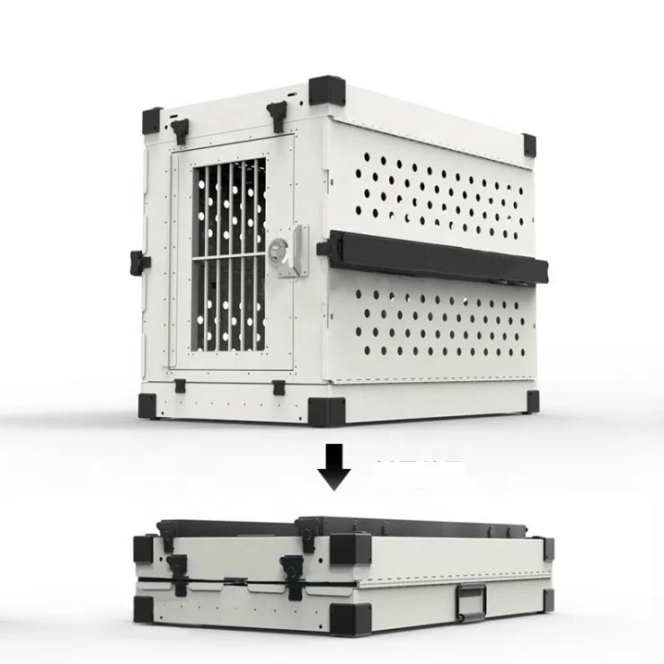 Large Luxury Aviation Aluminum Dog Transport Crate Foldable With Thickened Ventilation Firm Cage With Wheels