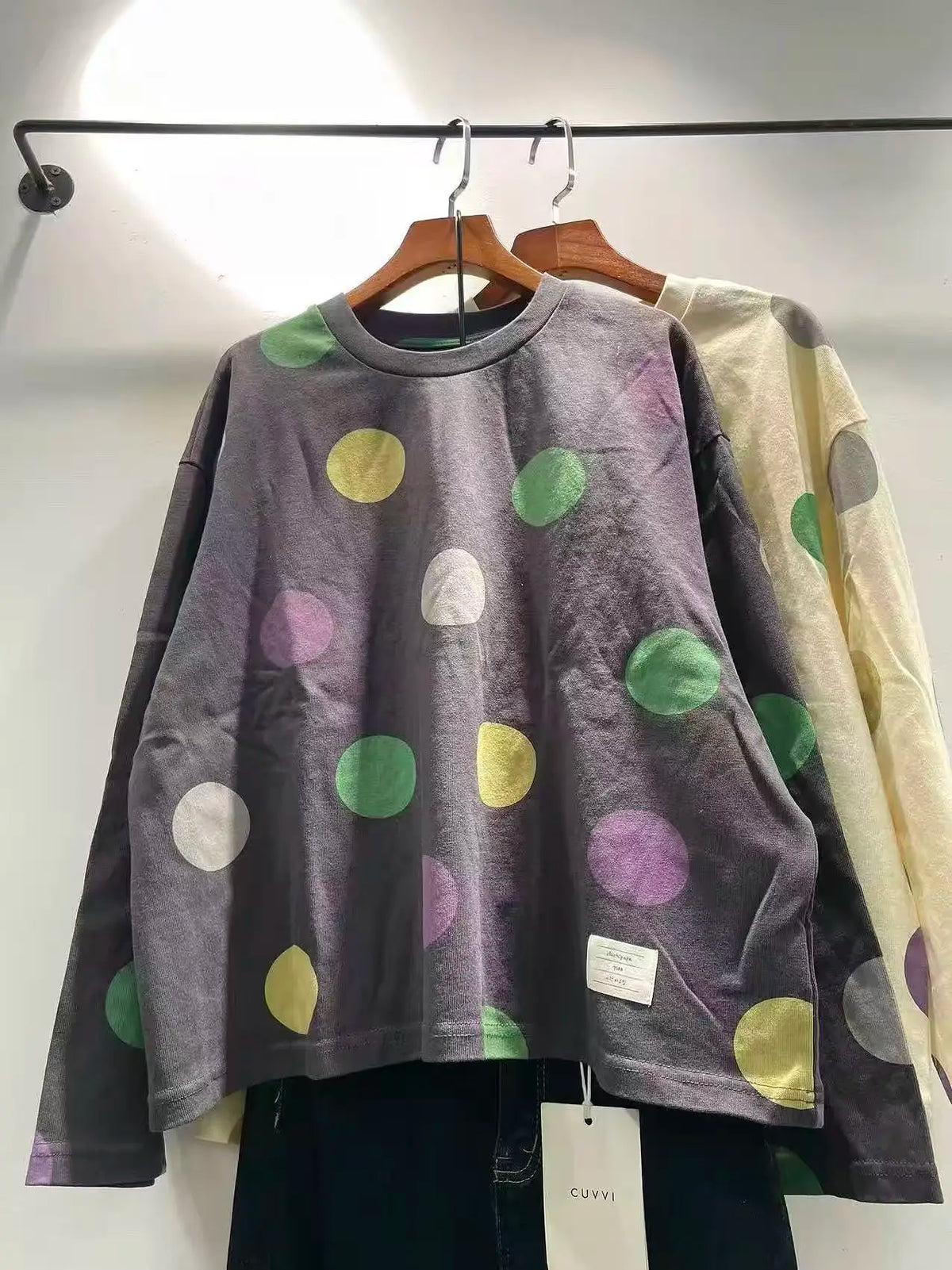 Women's 100% Cotton Colorful Polka Dot Long Sleeve T-Shirt Japanese Style Crew Neck Loose Fit Casual Tee with Printed Big Dots