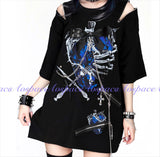 Original Dark Subculture Punk Style Off-Shoulder Short Sleeve Round Neck Printed Chain Bow Loose Casual T-Shirt Top Women Summer