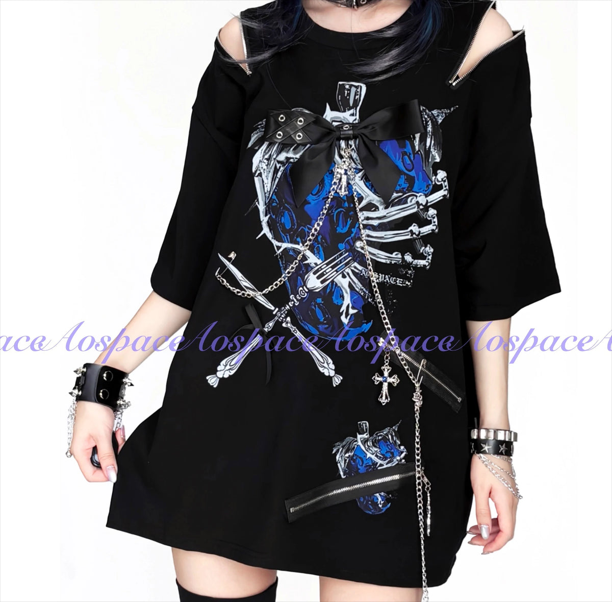 Original Dark Subculture Punk Style Off-Shoulder Short Sleeve Round Neck Printed Chain Bow Loose Casual T-Shirt Top Women Summer