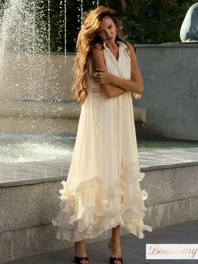 Solid Multi-layer Ruffled Maxi Dress Women's Elegant Sleeveless Off-shoulder High Waist Dresses 2026 Vacation Female Clothing