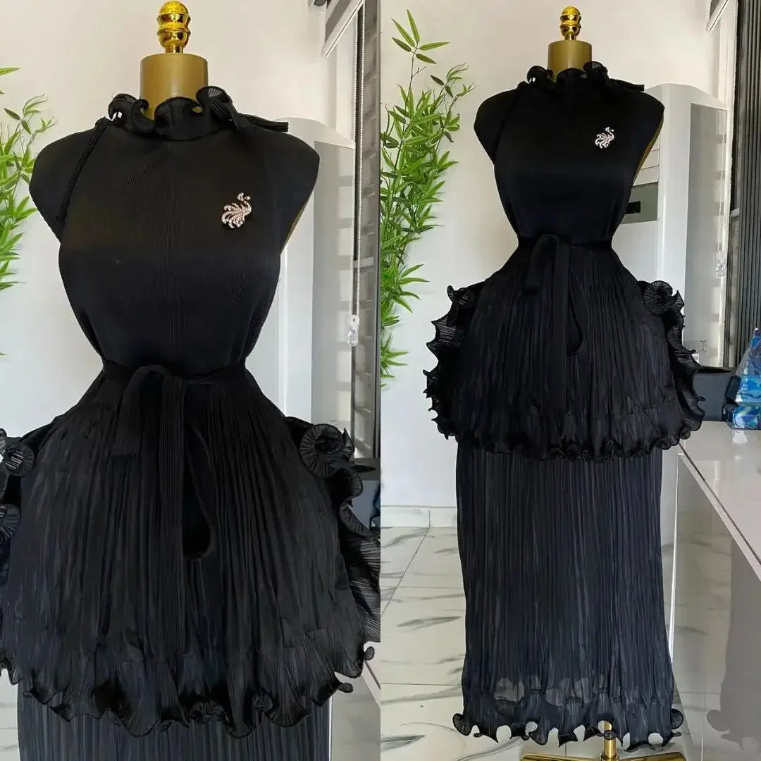 Miyake Pleated Ruffle Collar Dress with Temperament, Solid Color Sleeveless Ball, Elegant Plus Size Long Dress, 2025 Summer