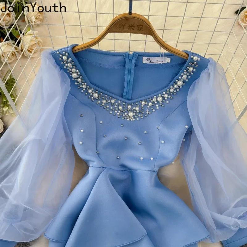 Temperament Robe Femme Party Dresses for Women Gauze Lantern Sleeve Square Collar Beading Split Dress 2025 Vestidos De Mujer