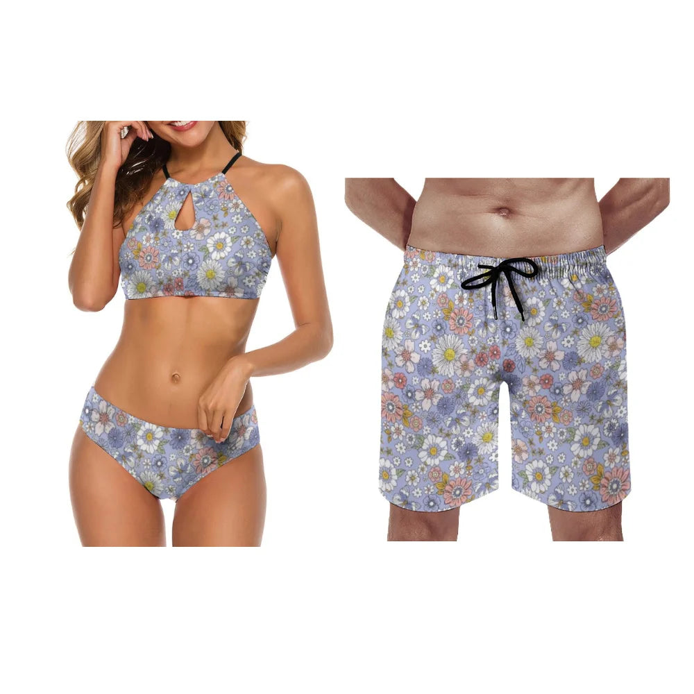 Summer Beach Swimsuits Couple Outfits Women's Two-Piece Swimsuits Summer Flower Patterns Customizable