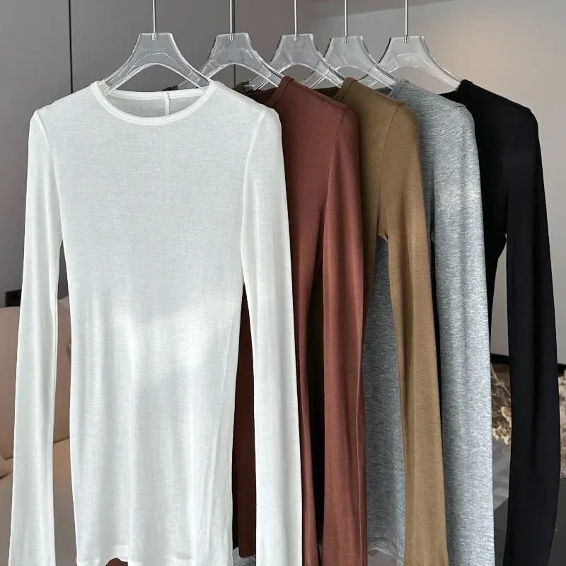 Spring Basic Wool Blending Base Layer Tops Women T Shirt