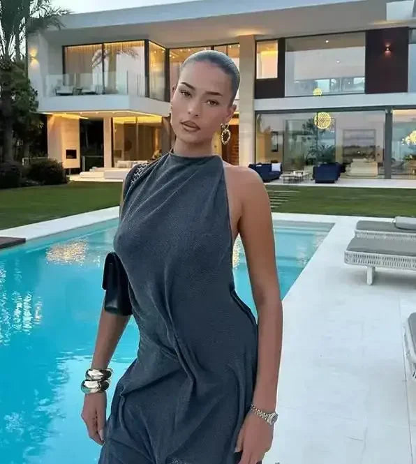 Elegant Solid Sleeveless Midi Dress Fashion Draped High Neck Waist Cinched Dresses 2026 Summer New Lady Evening Party Gowns