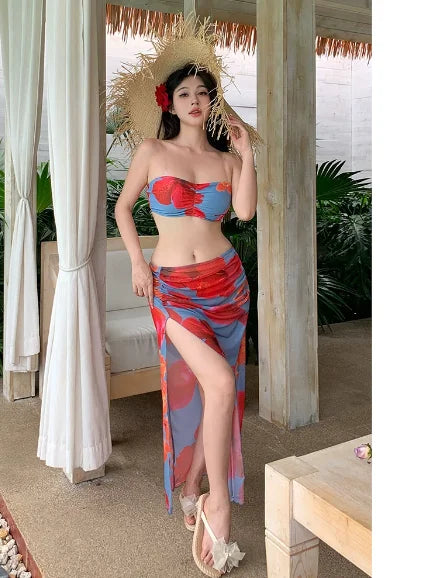 Large Size 5XL Women Bikini Four-piece Split Hot Spring Swimwear Beach Sexy Vacation Long Sleeve Fashion Pool Party Swimsuit Set