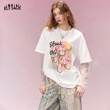 ELFSACK Cute Bear Print T-Shirt for Women, Oversized Graphic Tee for Summer, Casual Top with Polka Dot Lace Long Sleeve