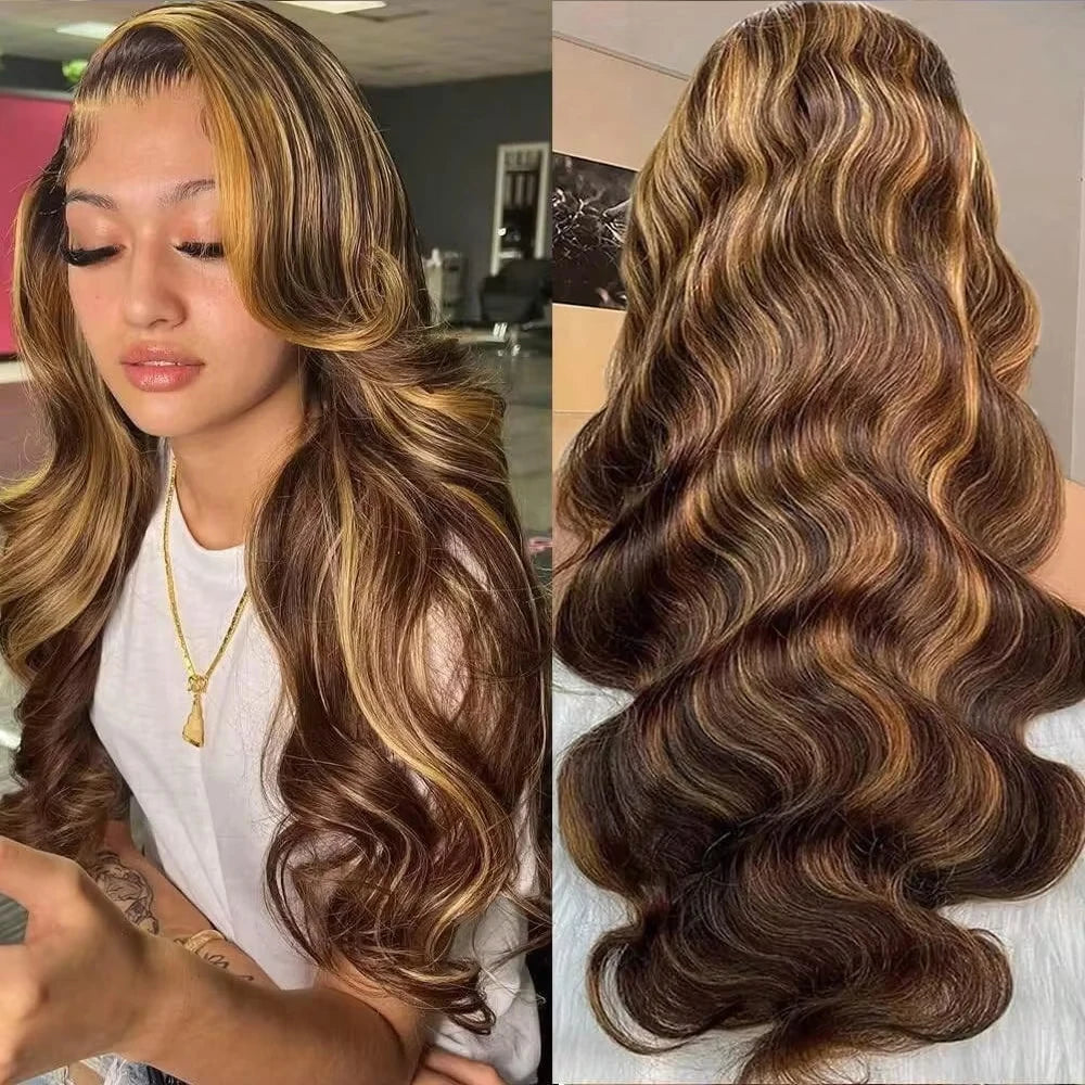 180% 200% Density Remy Human Hair Body Wave Wigs P4/27 Highlight Colored 13x4 13x6 HD Transpatent Lace Frontal Wig 18-46 Inch Pre Plucked Hair For Women