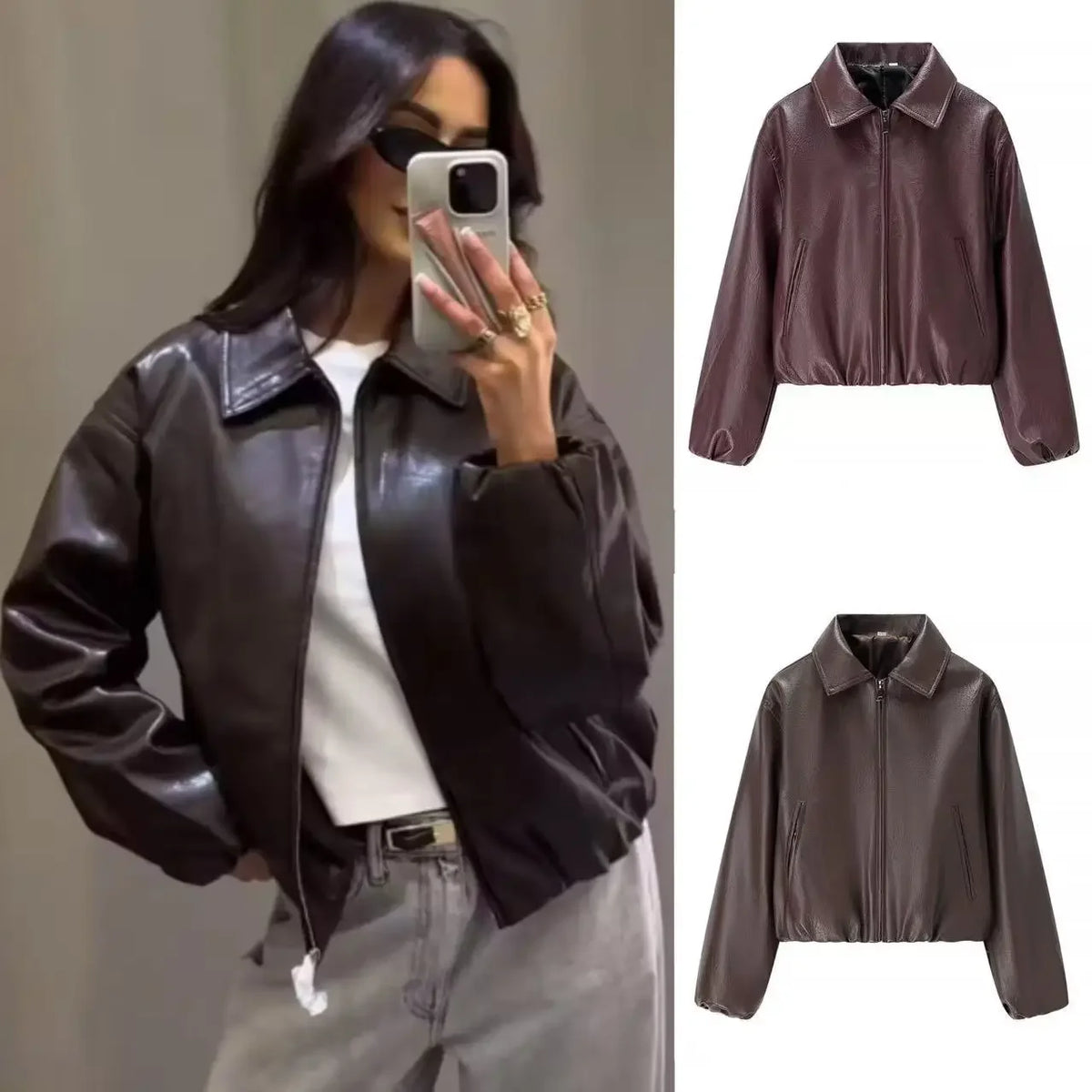 European and American style women's fashion loose-fit long-sleeve leather jacket with a collar