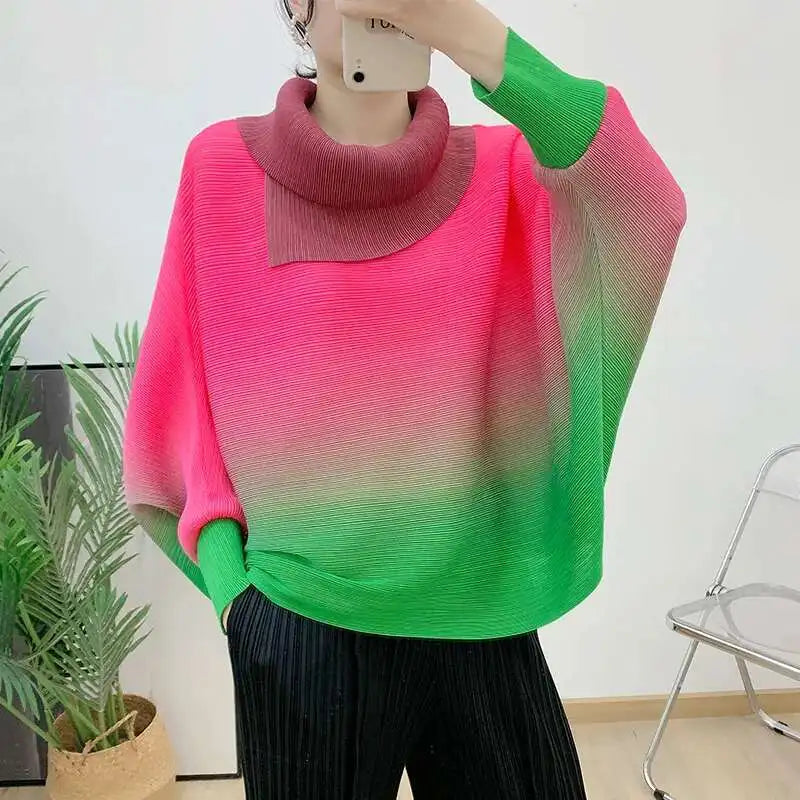 LANMREM Gradient Pleated T-shirt For Women Lapel Long Sleeves Batwing Loose Style Female Fashion Top 2023 Autumn New 2DA1981
