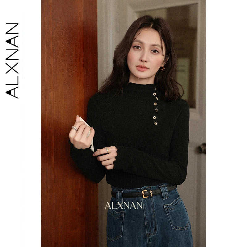 ALXNAN Women's Long-sleeve T-Shirt New Autumn Inner Lining Turtleneck Button Decoration Slim Versatile Pullover L57528-1 L58908