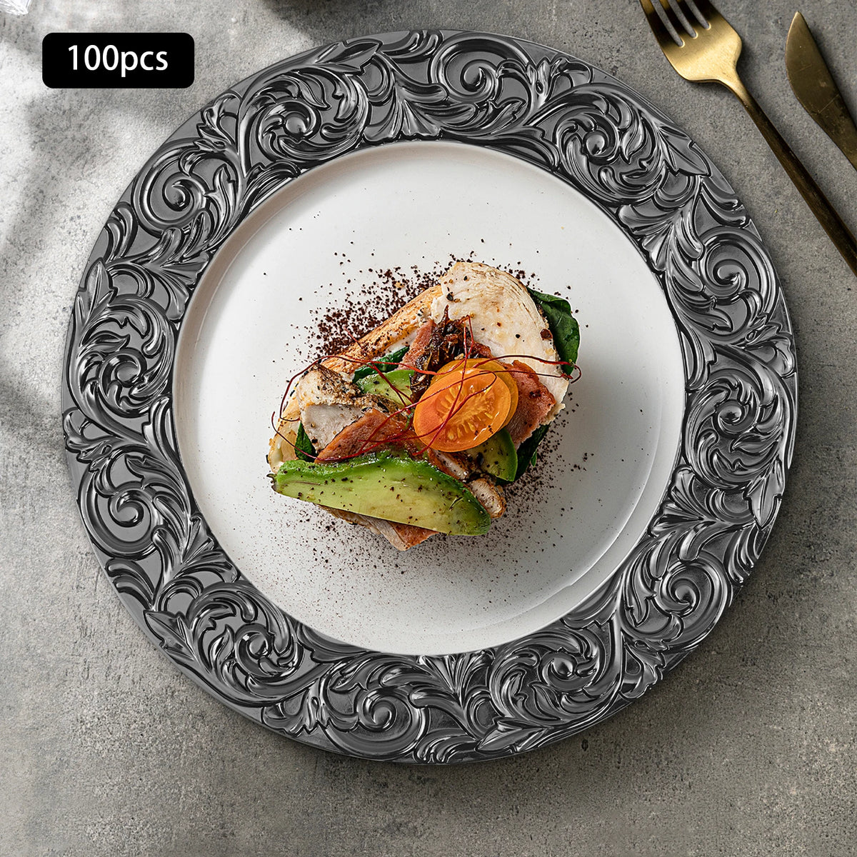 Charger Plates 100-Piece Set Round Reusable Serving Plates Gold Black Silver Green for Wedding Banquet Party Decor