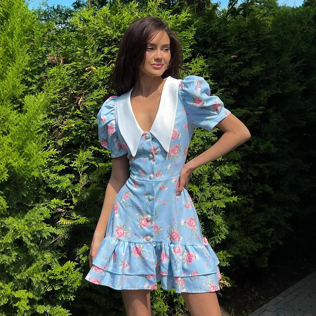 Original Light Luxury V-neck Bubble Sleeve Chiffon Dress Spring and Summer Women's Sweet Slim Commuting Vacation Leisure Dress